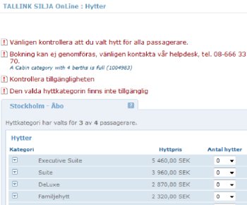 Exempel på felmeddelanden som inte hjälper användaren vidare. (Tallink Silja).